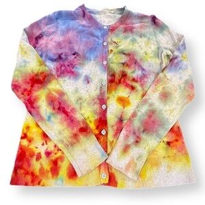 Tie dye long sleeve cotton cardigan in bright watercolor abstract pattern M